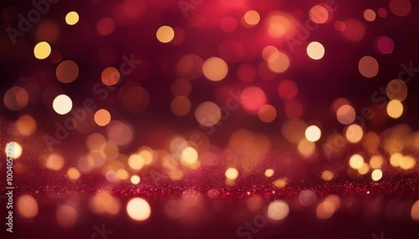 Fototapeta Christmas Background: A dark crimson background with soft bokeh lights in golden hues.