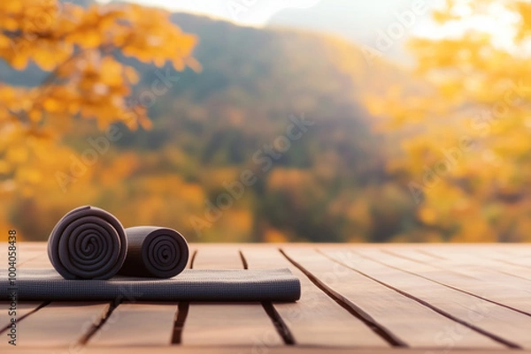 Fototapeta An outdoor yoga retreat in a serene autumn setting, surrounded by nature, offering relaxation and mindfulness during the fall season. with empty copy space for branding.