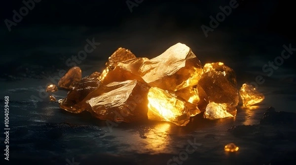 Fototapeta A pile of rough, unrefined gold nuggets glowing softly against a dark surface, their natural texture highlighted by contrasting shadows and light 