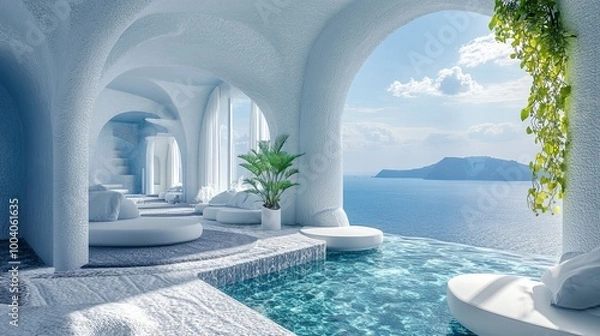 Fototapeta 3D model of a luxurious beachfront property with a view that is designed in the Santorini island style