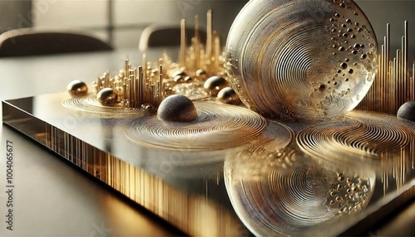 Obraz Golden Waves and Spheres: Abstract Digital Art in Luxurious Design