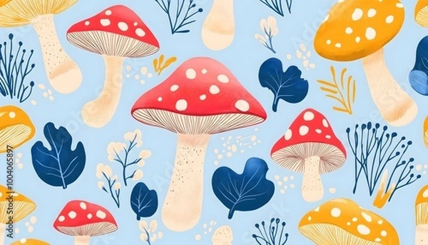 Fototapeta A nature background with mushrooms on a light blue background