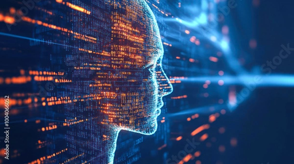 Fototapeta Tech face sculpture in flowing binary and cyber pattern