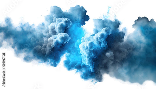 Fototapeta Realistic thunder light and blue smoke cloud Splash on a white isolated background. Generative AI.