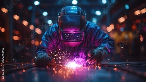 Fototapeta Industrial welder creates sparks in vibrant factory setting.