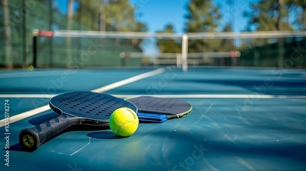 Obraz Pickleball paddles and a ball low angle on an empty outdoors court at a public park