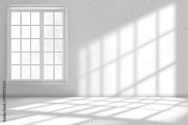 Fototapeta Decorative blurry white studio background with shadows from a window for product presentation. Empty room with shadows. Display product.