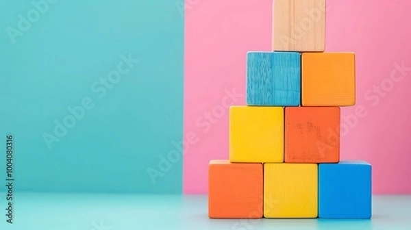 Fototapeta Toy wooden blocks stack tower of blank multicolor box cubes isolated on colorful background
