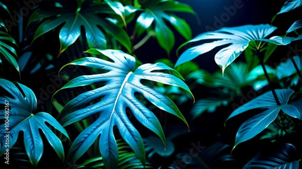 Fototapeta Collection of tropical leaves,foliage plant in blue color with space background