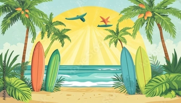 Fototapeta An abstract background with a surfboard on a tropical beach. Graphic illustration design.