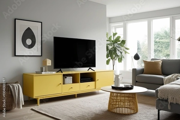 Fototapeta Modern Scandinavian TV Stand Design for a Bright and Airy Living Room
