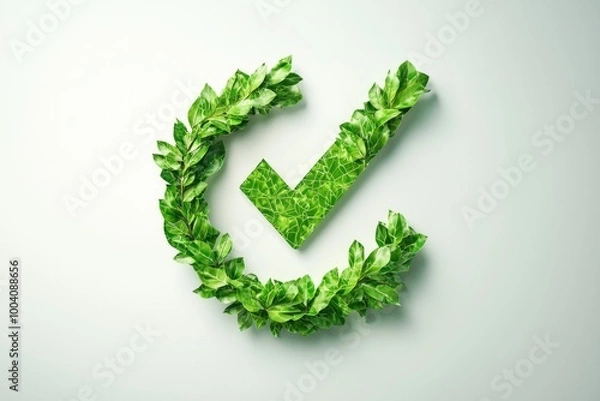 Fototapeta A checkmark icon made of green leaves and branches, symbolizing eco-friendliness and sustainability.