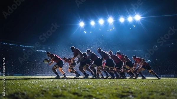 Fototapeta A rugby team is in a scrum at night, lit by stadium lights.