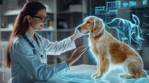 Fototapeta High-tech vet lab with holographic golden retriever.
