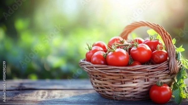 Fototapeta A basket filled with ripe red tomatoes on a wooden table outdoors in sunlight, with copy space 