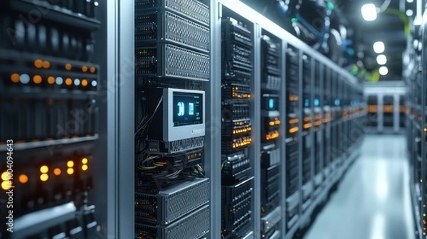 Obraz Modern data servers in a high-tech server room, orange lights glowing, futuristic data center, advanced technology, digital infrastructure, networking, cloud computing, secure data storage, IT