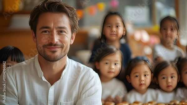Fototapeta A man smiles warmly while standing in front of a group of cheerful children, creating a joyful atmosphere.