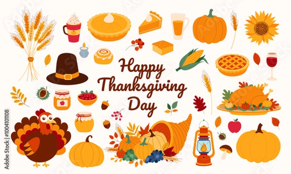 Obraz A colorful image of various Thanksgiving foods and decorations, including a turkey, pumpkin, and pie. The image is titled "Happy Thanksgiving Day" and conveys a warm and festive mood