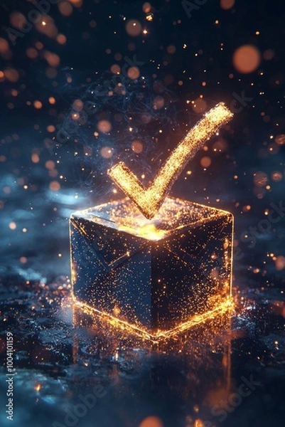 Fototapeta A glowing gift box with a glowing checkmark rising, leaving a trail of light in the shape of a completed task. 