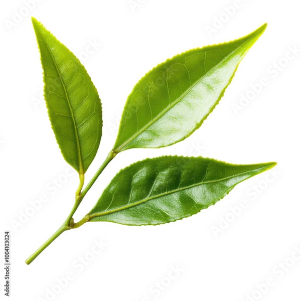 Fototapeta Fresh green tea leaves isolated on white background showcasing their vibrant color and healthy appearance