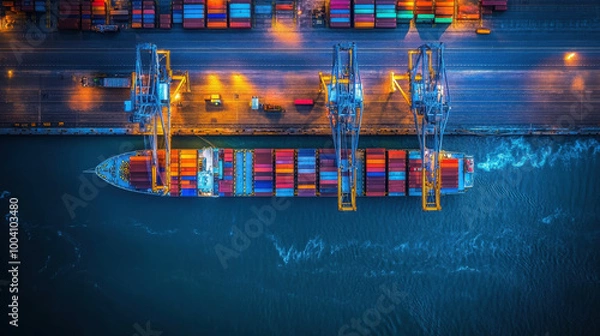 Fototapeta Aerial view of colorful cargo containers at a bustling port during nighttime operations