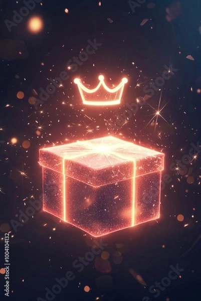 Fototapeta A glowing gift box with a glowing crown icon floating up, rotating slowly and sparkling like a jewel. 