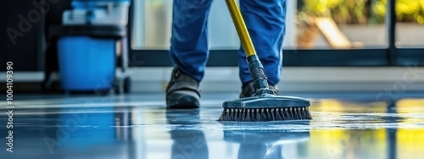 Fototapeta A man in blue work overalls mops the floor with a black mop. A janitor in an office mopping the floor