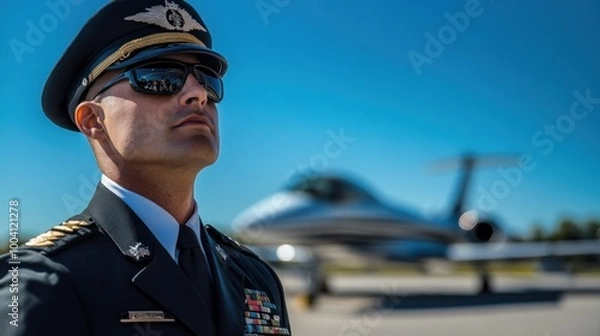 Fototapeta A military officer stands confidently in front of a sleek jet, embodying authority and professionalism.