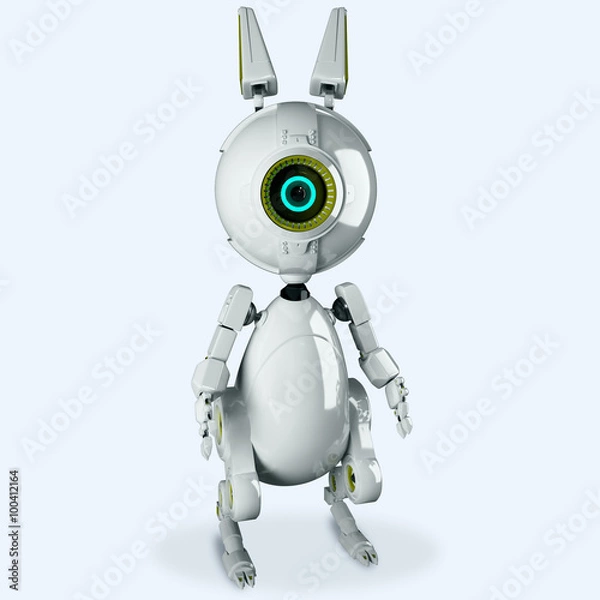 Fototapeta White robot rabbit with one eye looking at you / robotic rabbit