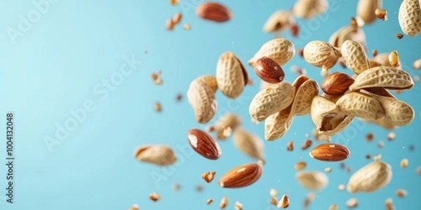 Fototapeta A dynamic display of flying peanuts and almonds, showcasing their textures against a bright, fresh blue background.