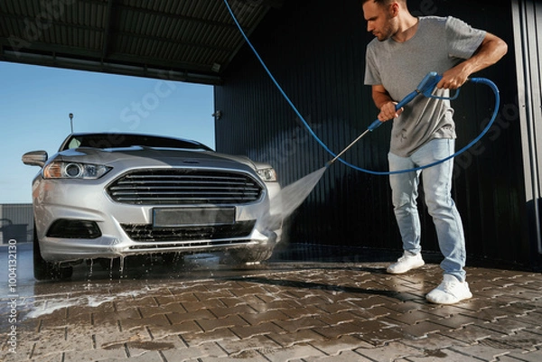 Fototapeta Standing and washing the automobile. Man is with his car outdoors