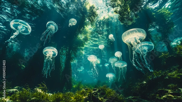 Fototapeta Generative AI, Surreal Ocean Dream: Giant Kelp Forest with Glowing Jellyfish