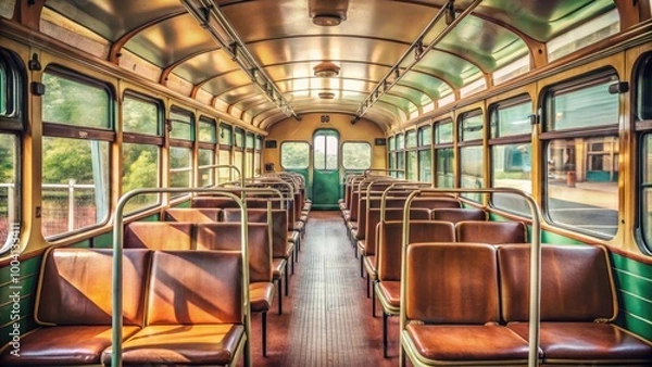 Fototapeta Vintage Bus Interior with Retro Seating, Windows, and Handrails for Antique Bus Travel Photography or Design Projects