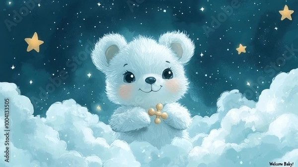Obraz Illustrations with cute baby animals for newborn greetings, stars and clouds for greeting cards, invitations and prints