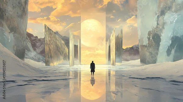 Obraz Generative AI, Parallel Worlds in Reflection: A Portal Showing Deserts and Tundras