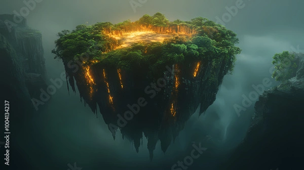 Fototapeta Generative AI, Parallel Dimension Island Split by Glowing Energy: Half Lush, Half Crumbling