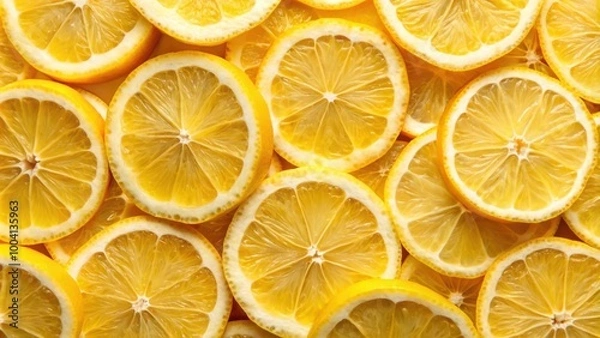 Fototapeta Close-up of vibrant fresh lemon slices pattern on a textured background surface