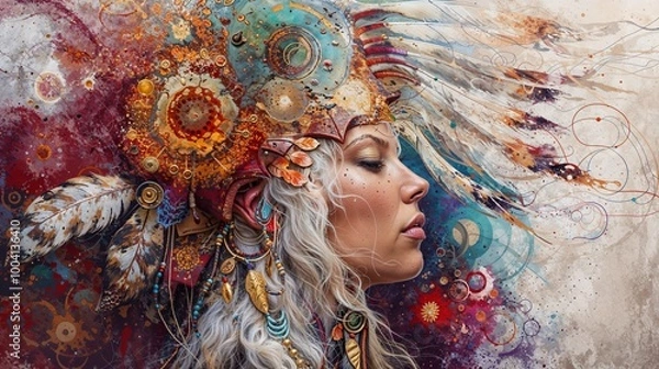 Fototapeta Vibrant abstract portrait of a woman adorned in intricate headdress with feathers and colorful patterns, blending into surreal background.