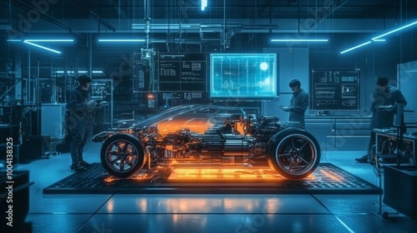 Fototapeta Car Engine Showcase in Futuristic Laboratory.