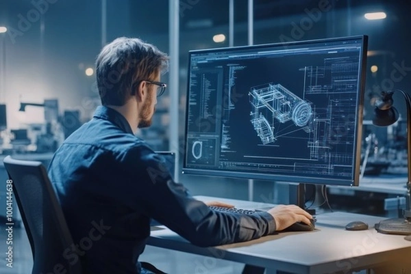 Obraz Person working on computer with technical blueprints