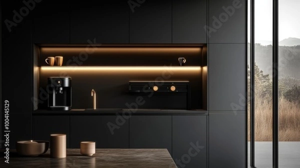 Fototapeta Modern kitchen countertop with black cabinets, a coffee machine, and a sink with a view of a grassy field and trees through a large window.