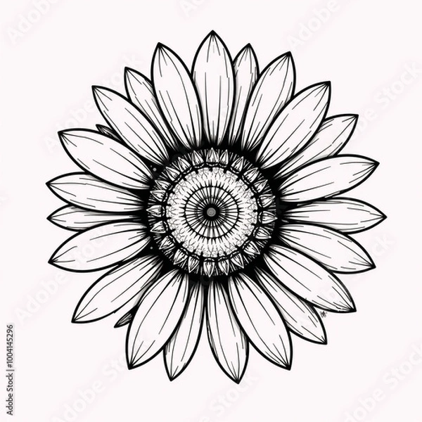 Obraz Modern illustration features an isolated black-and-white drawing of a continually drawn sunflower Isolated Linear Sketch on White Background