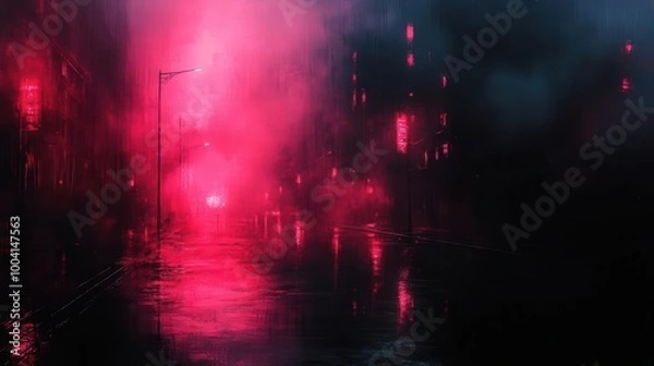 Fototapeta dark street illuminated by reflections on wet asphalt enhanced by abstract pink background and hints of fog creating a moody and atmospheric urban scene