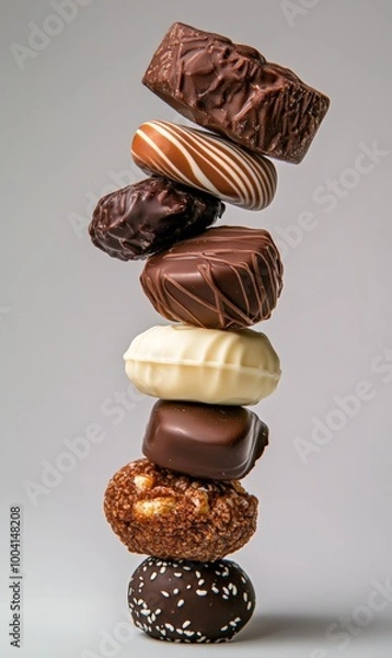 Fototapeta Stack of Assorted Gourmet Chocolates Isolated on Gray Background