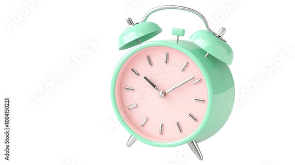 Fototapeta vintage alarm clock with mint green exterior and pink face, showcasing classic design. This charming timepiece adds nostalgic touch to any decor