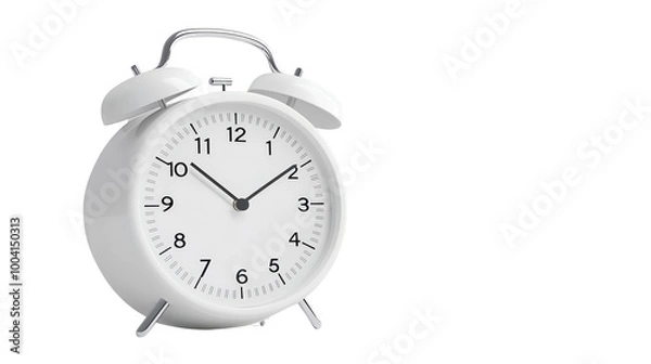 Fototapeta classic white alarm clock with round face and two bells on top, displaying clear black numbers and hands. This timeless design adds touch of nostalgia to any setting