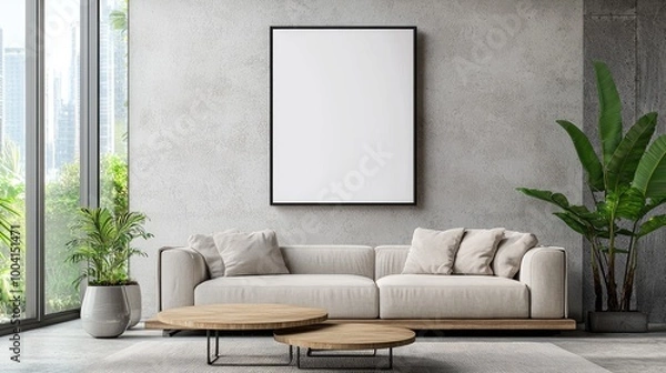 Fototapeta Modern Living Room Mockup with Blank Frame and Cozy Sofa.