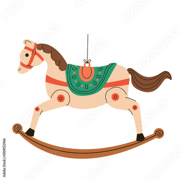 Fototapeta Flat vector illustration Christmas tree toy. Christmas tree toy rocking horse. Rocking pony on white background.