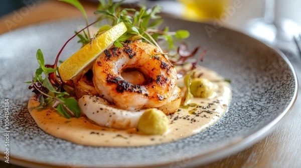 Fototapeta A gorgeously presented meal with carefully sliced ingredients, topped with a creamy sauce and a lemon garnish