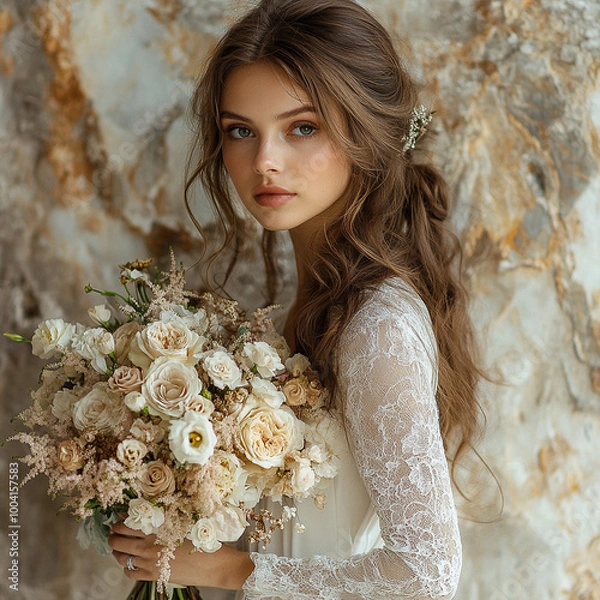 Fototapeta Portret panny młodej z bukietem ślubnym, generative ai 